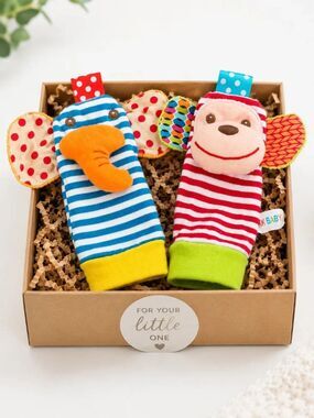 Baby Sensory Wrist Rattle & Foot Finder Sock Set | Elephant Monkey 6-12M Gift